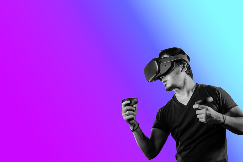 A banner of a man indulging in virtual reality technology, which is one of the experiential marketing examples