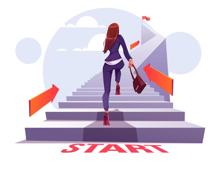a vector image of a woman climbing the steps to reach her goals, which is a metaphorical representation of professional development goals examples